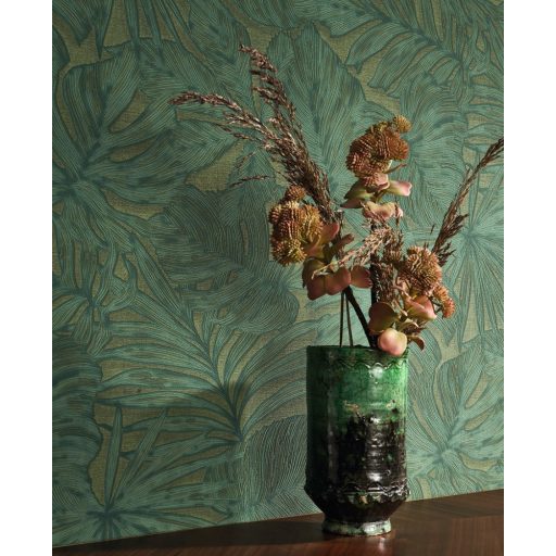 Filodendron és pálmalavelek - válósághű nyomat 3D zöld szürkészöld petrol tapéta