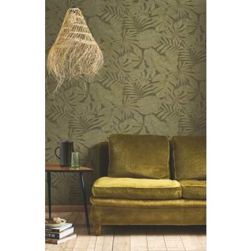 Luxusdekoráció! XXL pálmalavél lenyomatok kifinomult texturán khakizöld és arany tónus tapéta