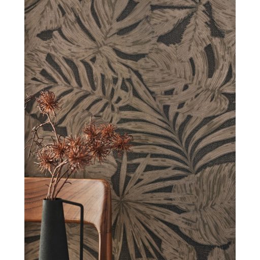 Filodendron és pálmalavelek - válósághű nyomat 3D fekete barna arany kiemelés tapéta