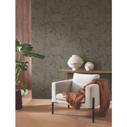 Luxusdekoráció! XXL pálmalavél lenyomatok kifinomult texturán antracit barna és arany tónus tapéta