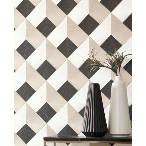 Casadeco Perception LOSANGE 86511510 Geometrikus Térhatású rácsminta rombuszokból fehér bézs antracit tapéta