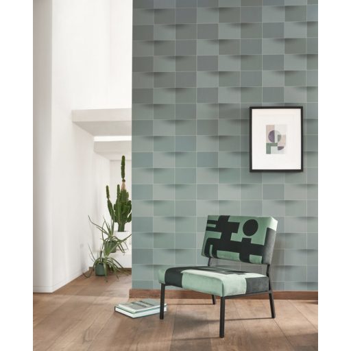 Casadeco Perception BLOCKS 86537407 Geometrikus Térhatású téglalapok vonalak és textúrák egyensúlya zöld és szürkészöld árnyalatok tapéta