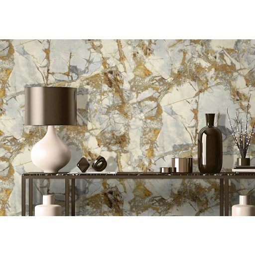 Geológia és absztrakt expresszionizmus határán - arany villámok hasítják a követ fehér ezüstszürke arany és borostyán fémes hatás tapéta