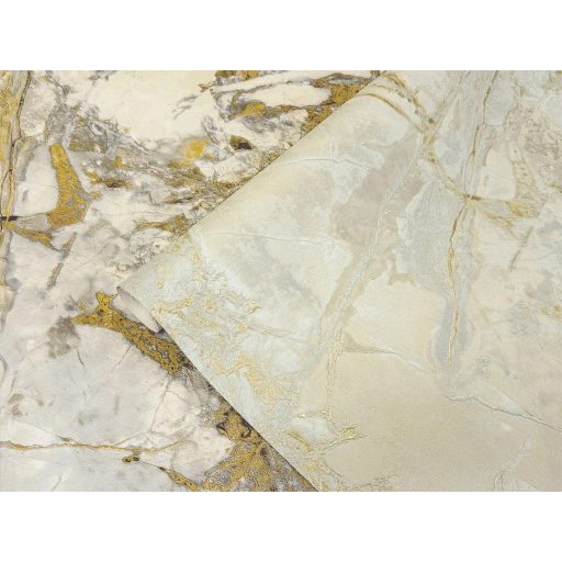 Arany lehelet a kövön - visszafogott színezésű márványminta krémfehér halvány zsálya aranysárga és olívzöld tónus fémes hatás tapéta