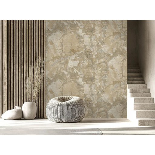 Kő amelybe napfény ivódott - mint egy toszkán kőfal márvány mintája meleg homokbarna karamell és ezüstös-szürke fémes hatás tapéta