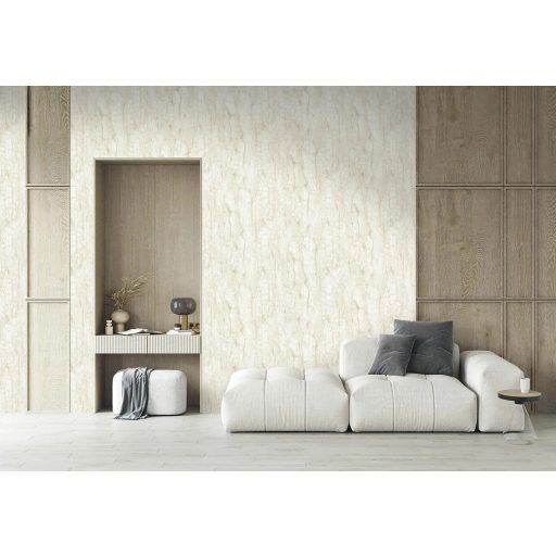 Kőbe öntött selyem - függőleges áramlású légies minta gyöngyházfehér és halvány arany tónus fémes csillogó hatás tapéta