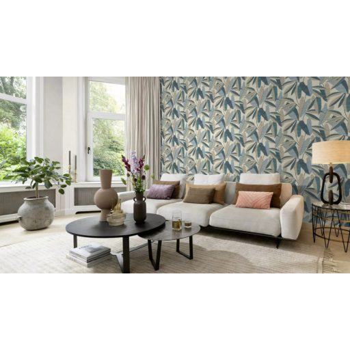 Relaxzóna! A meghitt otthon elengedhetetlen "kelléke" Túlméretes naív levelek stílusos mintája bézs barna kék és zöld tónus tapéta