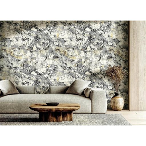 Gránit amelybe villám csapott - kőzetzárványok között erezetek cikáznak antracit palaszürke arany és törtfehér tónus tapéta
