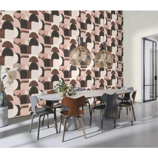 Retro hatású mégis modern geometrikus minta fehér rózsaszín barna szürke és fekete tónusok tapéta