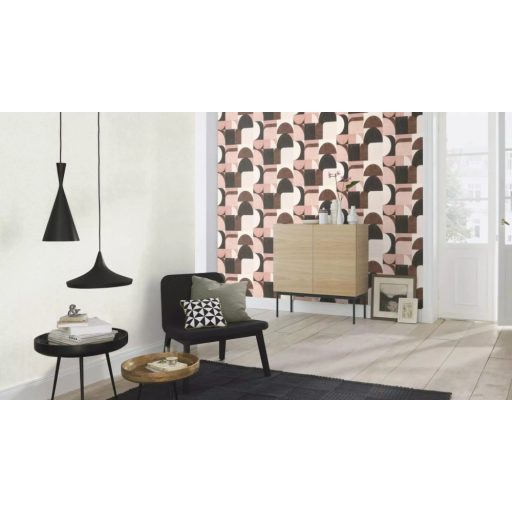 Retro hatású mégis modern geometrikus minta fehér rózsaszín barna szürke és fekete tónusok tapéta