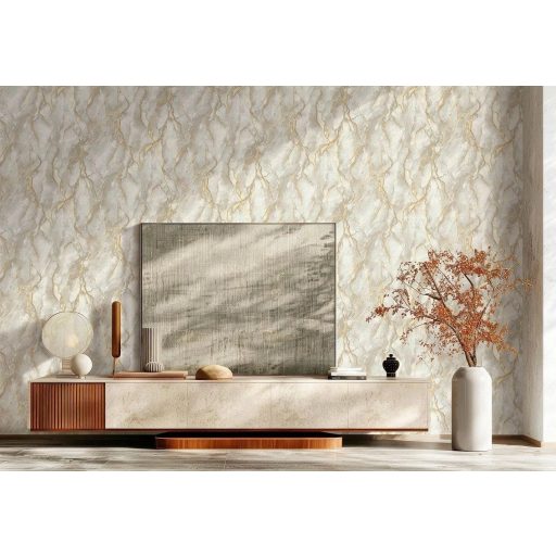 Kőbe fagyott villámok melyet az arany tölt meg élettel ezüstös-fehér drapp és arany tónus fémes hatás tapéta