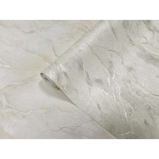 Téli ruhába öltözött sziklahasadék - réteges hullámzó erezetű márvány hideg drapp-szürke törtfehér és ezüst tónus fémes hatás tapéta