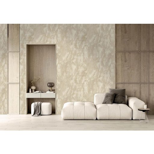 Napfényben fürdőző homokkő - finom repedések és hullámzó erezetű márvány drapp-bézs halvány aranyokker és gyöngyház tónus tapéta