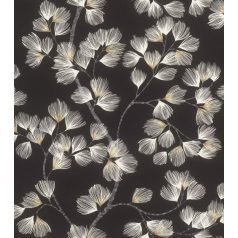   Botanikai elegancia - Finom ágakon elterülő fantáziavirágok fekete szürke krémfehér és csillogó arany ékezetek tapéta