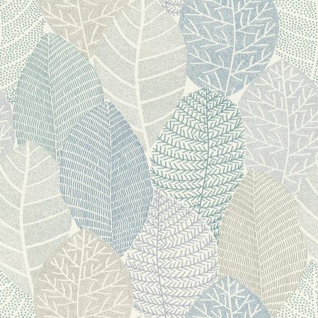 Túlméretes levelek művészi ábázolása apró pöttyökkel és finom vonalakkal fehér kék zöld bézs és szürke tónusok tapéta
