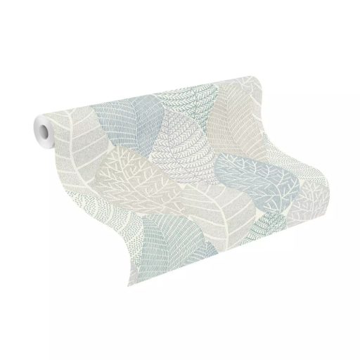 Túlméretes levelek művészi ábázolása apró pöttyökkel és finom vonalakkal fehér kék zöld bézs és szürke tónusok tapéta