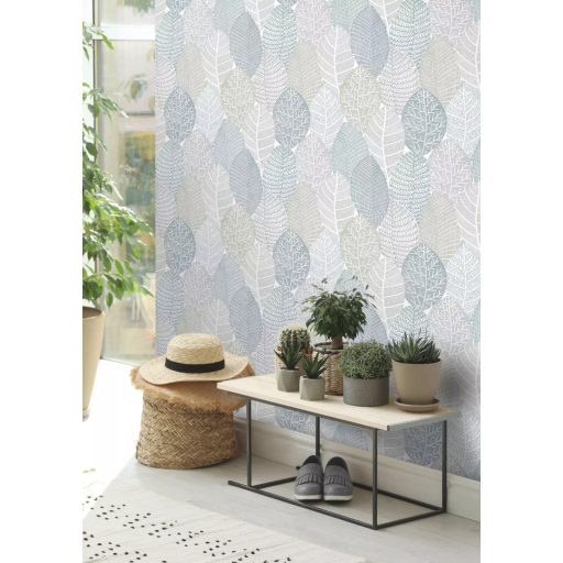 Túlméretes levelek művészi ábázolása apró pöttyökkel és finom vonalakkal fehér kék zöld bézs és szürke tónusok tapéta