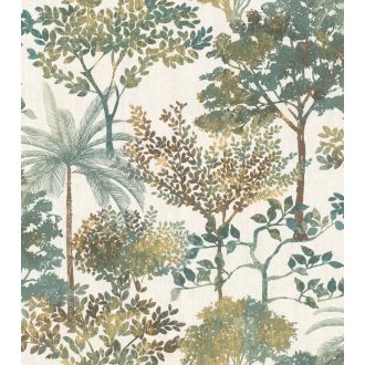   Erdei hangulat trópusi felhanggal színátmenetes botanikai minta fehér sárga zöld és barna tónusok fémes hatás tapéta