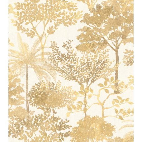Erdei hangulat trópusi felhanggal színátmenetes botanikai minta fehér sárga és barna tónusok fémes hatás tapéta