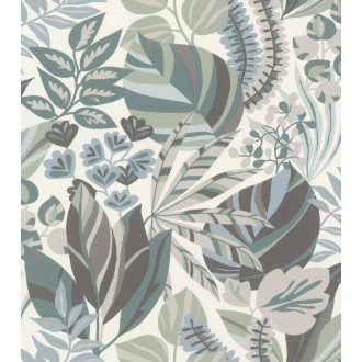   Fantáziadús különböző méretű és formájú levelek grafikai mintája fehér kék zöld és szürke tónusok tapéta