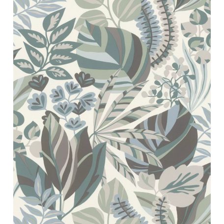 Fantáziadús különböző méretű és formájú levelek grafikai mintája fehér kék zöld és szürke tónusok tapéta