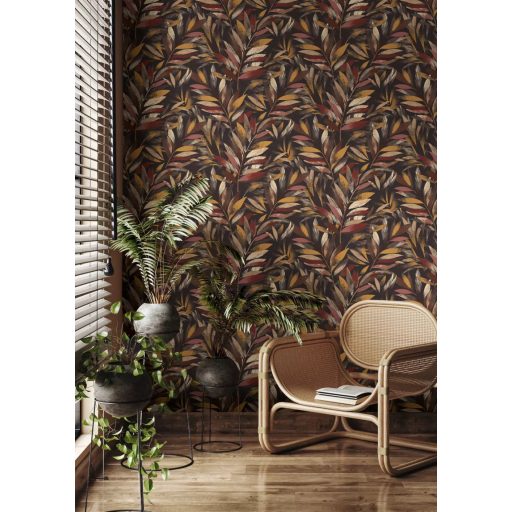 A kollekció vezérmotívuma - Finom ágakon hosszúkás levelek őszi színekben fekete barna sárga vörös és bézs tónus tapéta