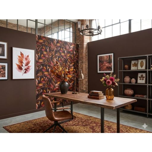 A kollekció vezérmotívuma - Finom ágakon hosszúkás levelek őszi színekben fekete barna sárga vörös és bézs tónus tapéta