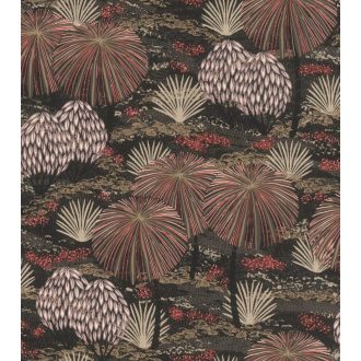   Varázslatos keleti hangulatú színpompás kert fekete lila bézs rozsdavörös zöldesbarna és sötétszürke tónusok tapéta