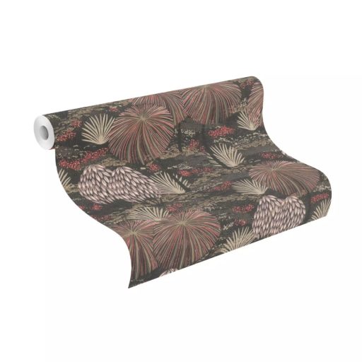 Varázslatos keleti hangulatú színpompás kert fekete lila bézs rozsdavörös zöldesbarna és sötétszürke tónusok tapéta