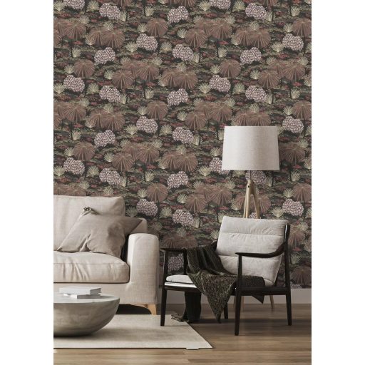 Varázslatos keleti hangulatú színpompás kert fekete lila bézs rozsdavörös zöldesbarna és sötétszürke tónusok tapéta