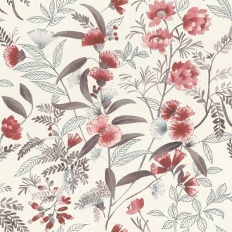   Virágok és levelek harmonikus elegye akár egy buja kert fehér piros kék szürke és barna tónusok tapéta