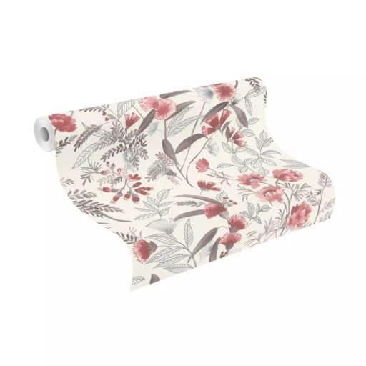 Virágok és levelek harmonikus elegye akár egy buja kert fehér piros kék szürke és barna tónusok tapéta