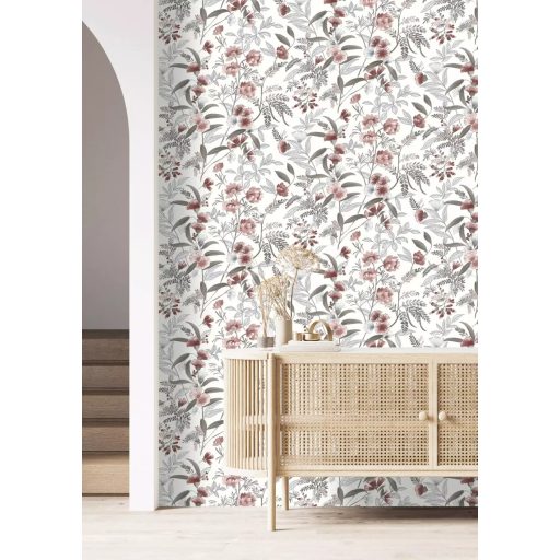 Virágok és levelek harmonikus elegye akár egy buja kert fehér piros kék szürke és barna tónusok tapéta