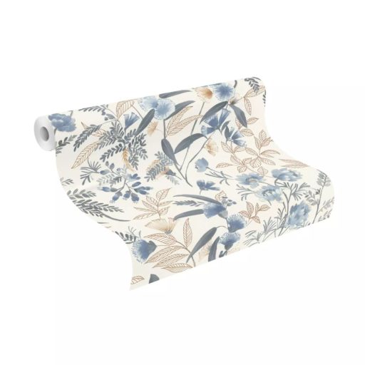 Virágok és levelek harmonikus elegye akár egy buja kert fehér kék szürke barna és aranysárga tónusok tapéta