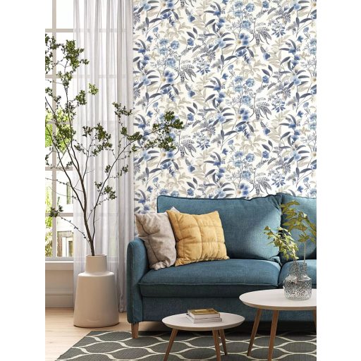 Virágok és levelek harmonikus elegye akár egy buja kert fehér kék szürke barna és aranysárga tónusok tapéta