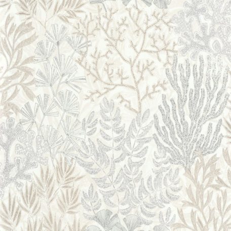 Korallok hínár és tengeri kökörcsin divatos grafikája fehér nyersszín natur tónusok irizáló hatás tapéta