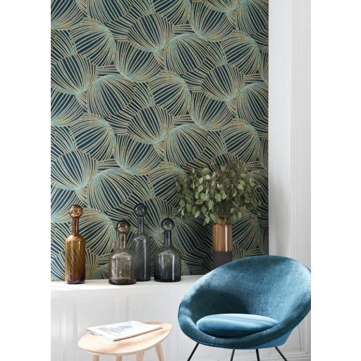 Absztrakt grafikus rafia és levél dekorminta 3D petrol kék arany fémes kiemelések tapéta