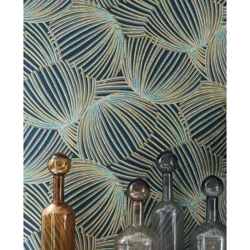 Absztrakt grafikus rafia és levél dekorminta 3D petrol kék arany fémes kiemelések tapéta