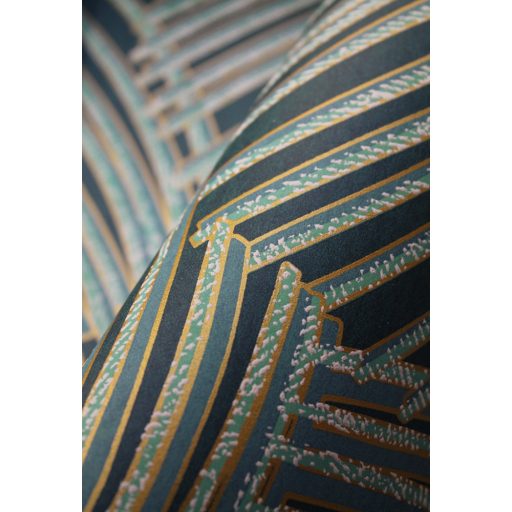 Absztrakt grafikus rafia és levél dekorminta 3D petrol kék arany fémes kiemelések tapéta