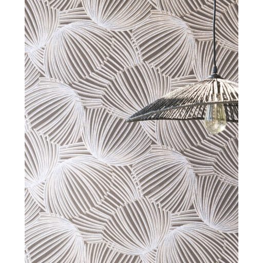 Absztrakt grafikus rafia és levél dekorminta 3D szürkéslila/(édesgyökér) fehér arany fémes kiemelések tapéta