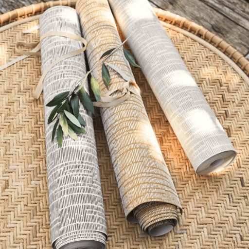 A mediterrán kézművesség nyomán - minimalista ritmusos krétacsíkozás karamell teveszín és világos homokszín tónus tapéta