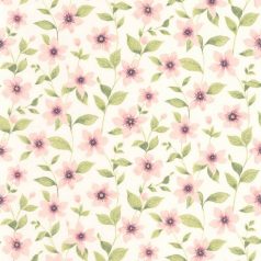   Törékeny mégis erős rajzolt klematisz virágok pamutfehér zöld rózsaszín tapéta