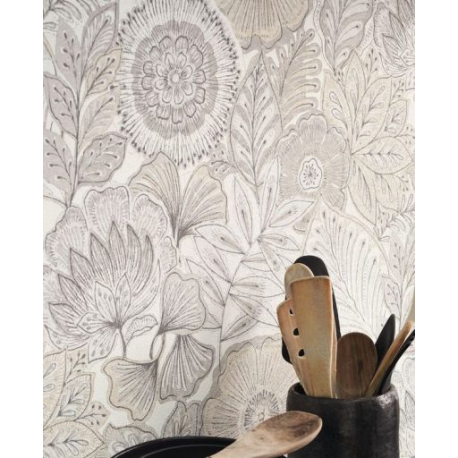 Egzotikus virágok és levelek szövevénye textil háttéren gyapjúfehér szürke bézs és fekete tónus tapéta