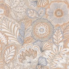   Egzotikus virágok és levelek szövevénye textil háttéren gyapjúfehér szürkésbézs barna és kék/szürkéskék tónus tapéta