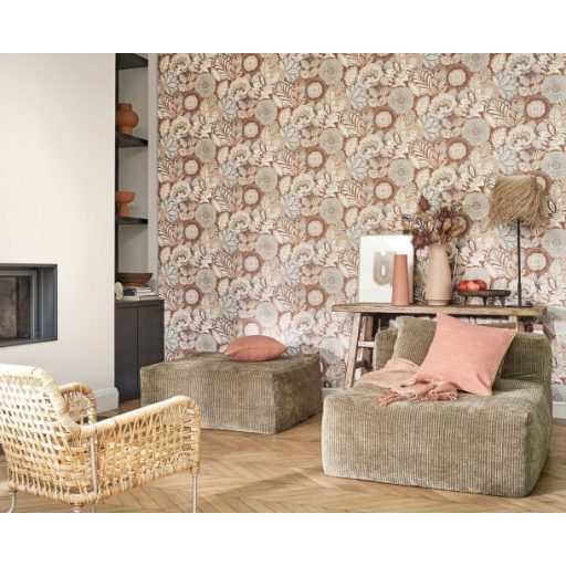 Egzotikus virágok és levelek szövevénye textil háttéren terrakotta bézs és szürke tónus tapéta