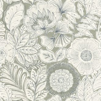   Egzotikus virágok és levelek szövevénye textil háttéren zsályazöld és gyapjúfehér tónus tapéta
