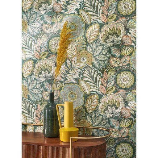 Egzotikus virágok és levelek szövevénye textil háttéren lombzöld bézs türkiz korall és fekete tónus tapéta