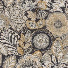  Egzotikus virágok és levelek szövevénye textil háttéren fekete sáfránysárga szürke és szürkésbézs tónus tapéta