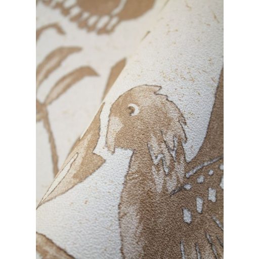 Nyers vászon alapon levelek és papagájok egzotikus mintája krém/bézs (gyapjúszín) és konyakszín tónus tapéta