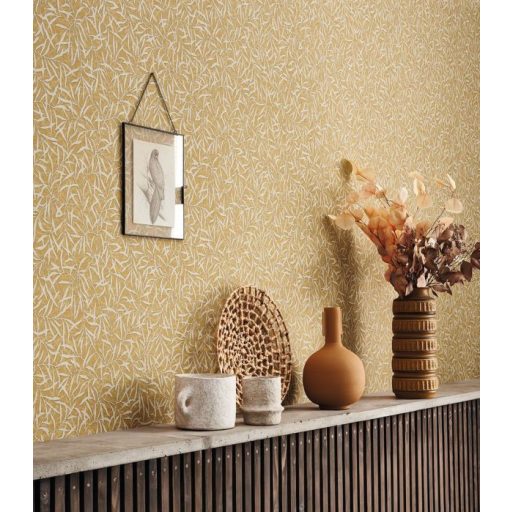 Természetes faldekoráció - bambuszlevél minta sáfránysárga és szürkésbézs tónus tapéta